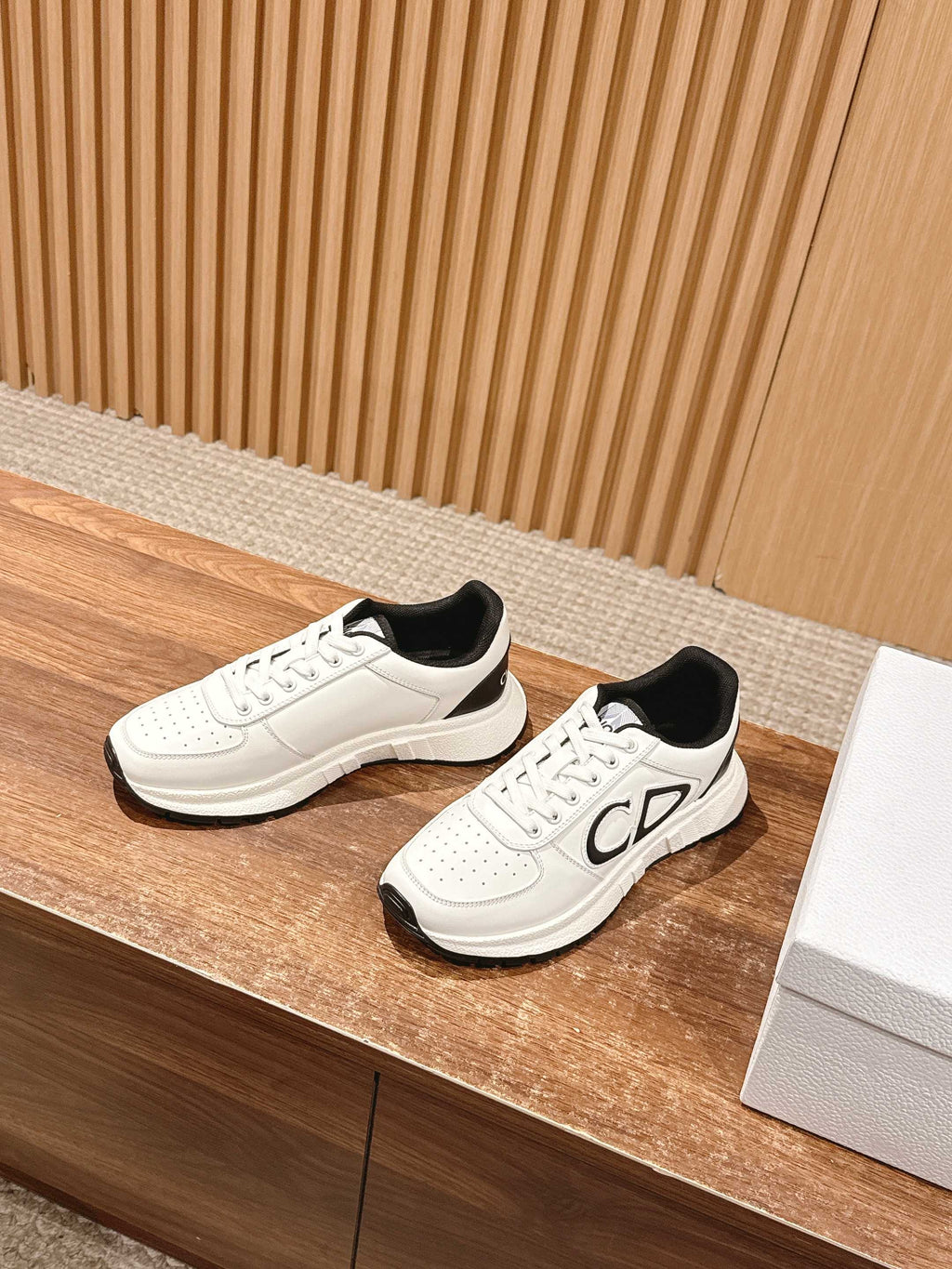Dior unisex sneakers, white with black collar, side logo panel and lace-up front