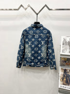 Blue denim jacket with white monogram print, stand collar and full button front