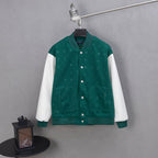 Long-sleeve varsity jacket, dark green with white sleeves and snap button front.