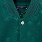 Long-sleeve jacket front detail, ribbed knit collar and centered round snap button.