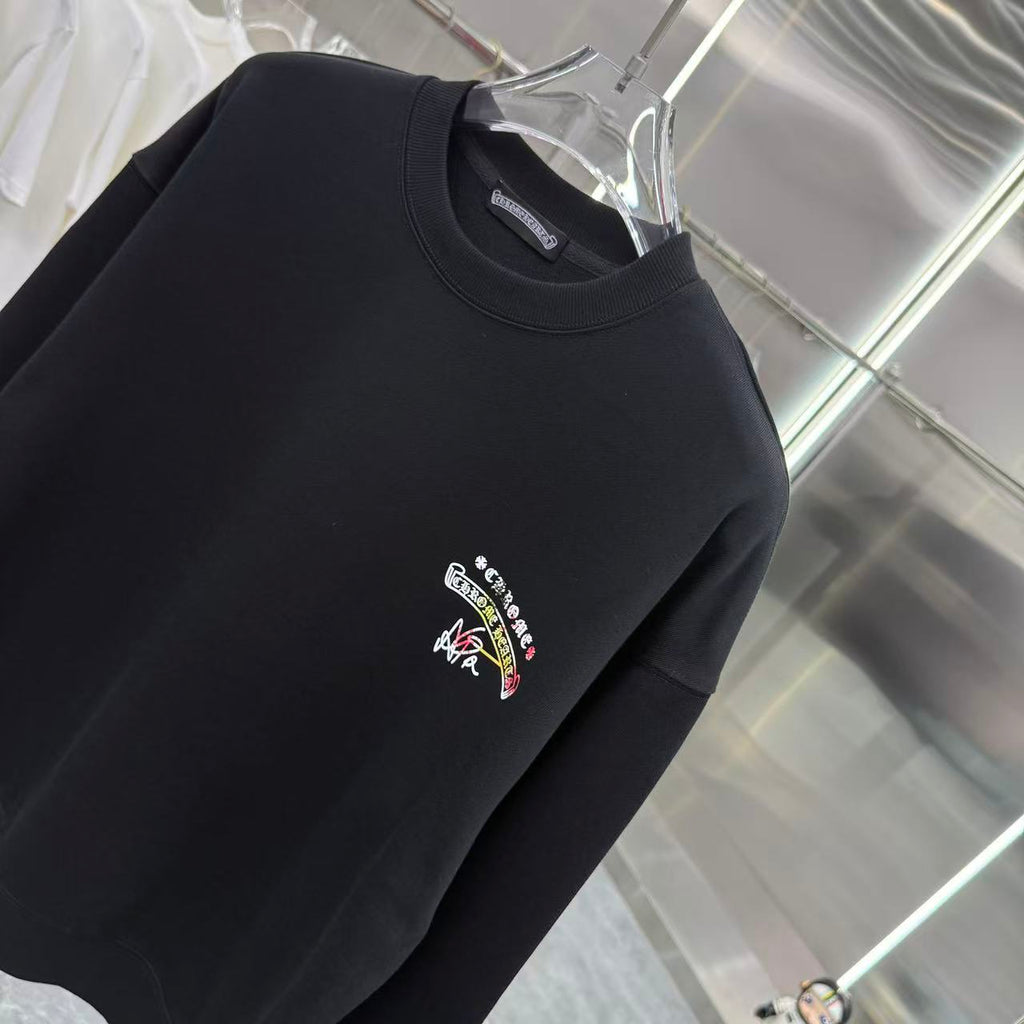 Black crewneck sweatshirt with ribbed collar and multicolor chest logo.
