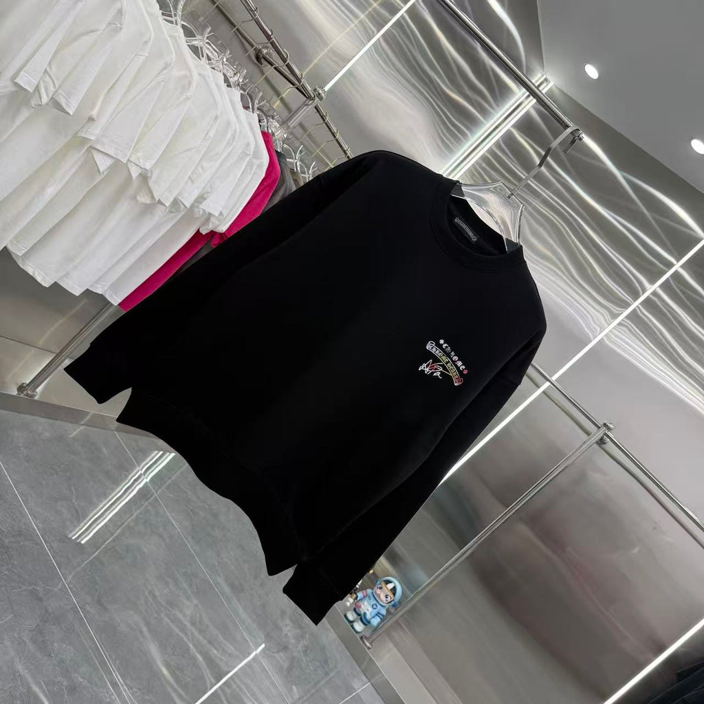 Black long-sleeve crewneck sweatshirt with multicolor chest graphic.