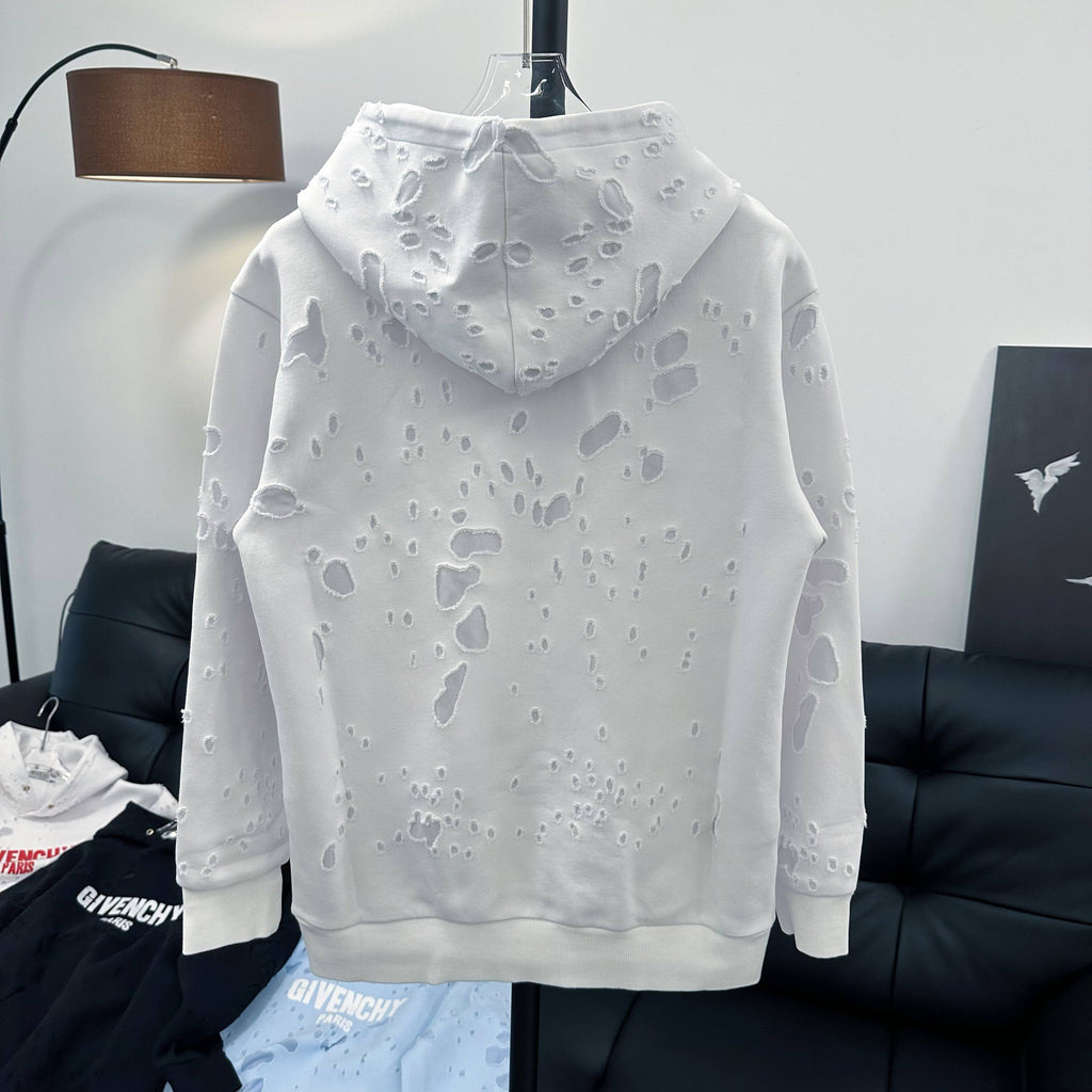White Givenchy hoodie with hood and textured pattern, back view on display