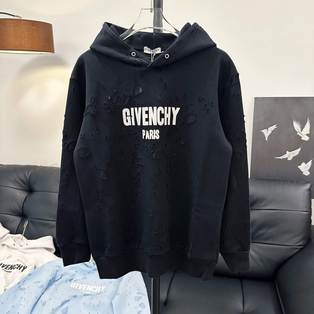 Black Givenchy hoodie with 'GIVENCHY PARIS' chest logo and front hood