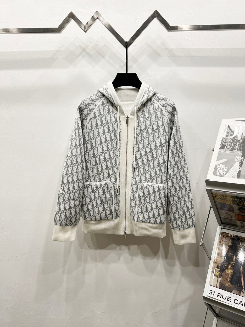Dior long zip-up hoodie in gray-and-white monogram print, with hood and front zipper