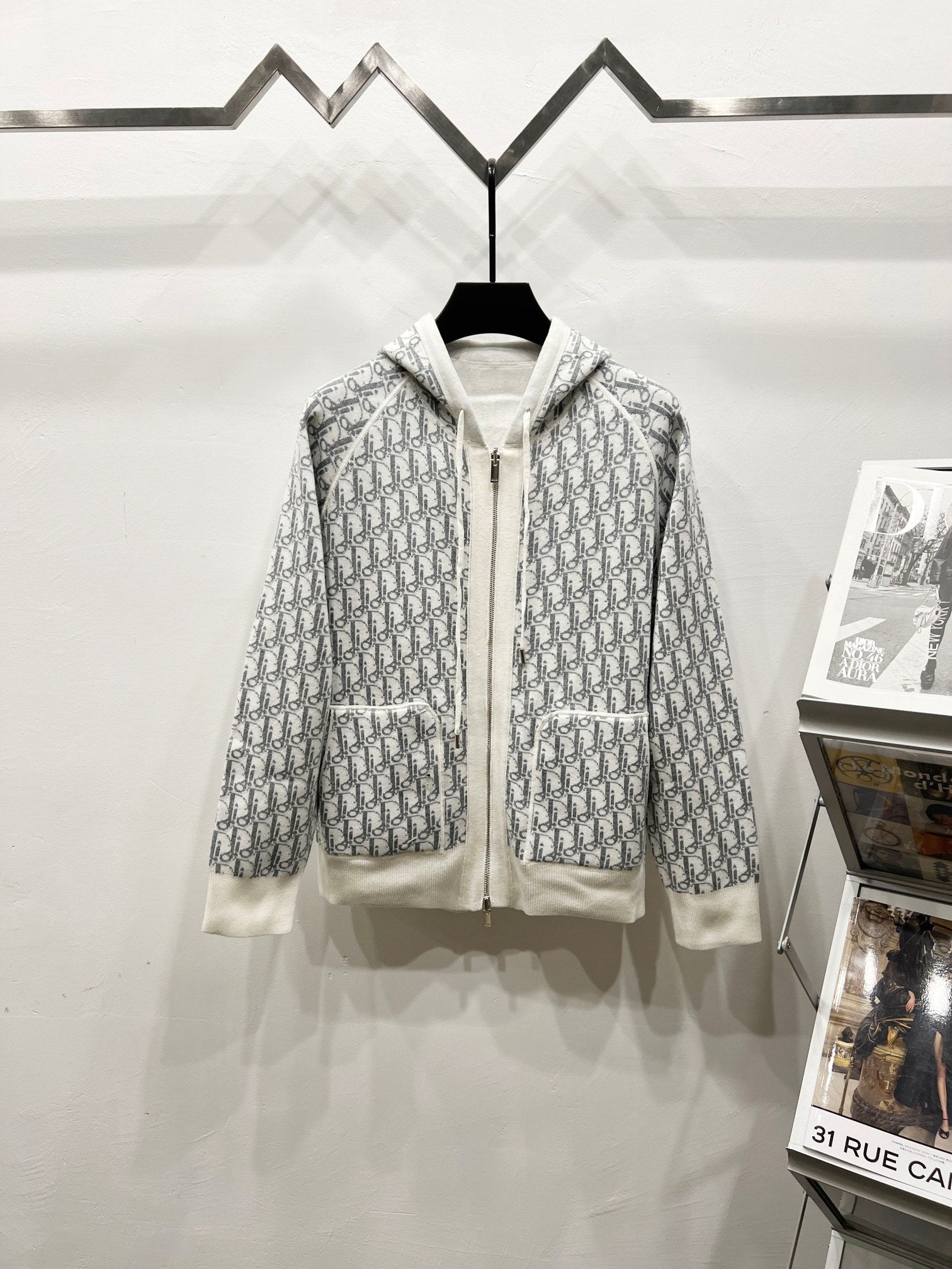 Dior long zip-up hoodie in gray-and-white monogram print, with hood and front zipper