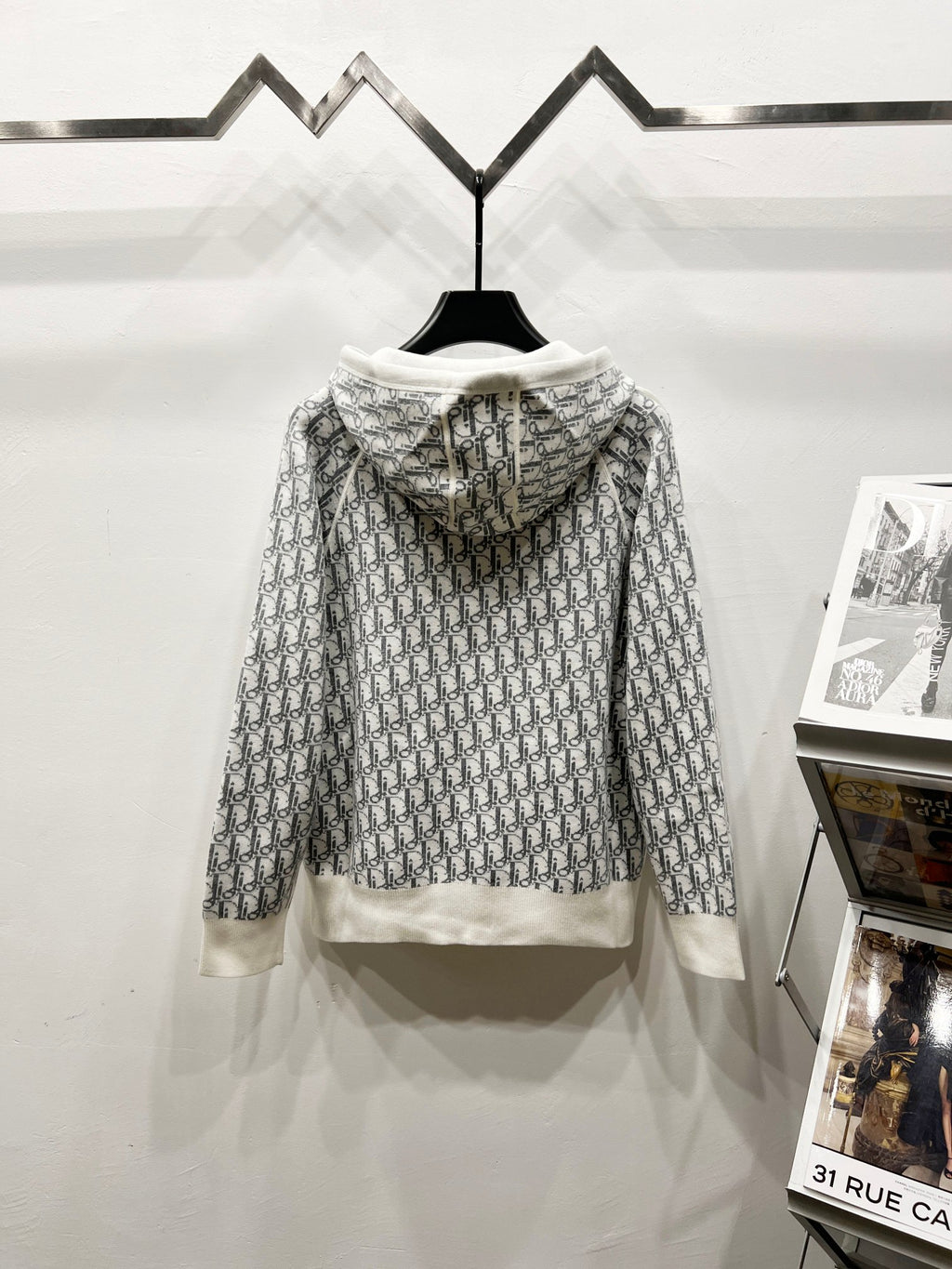 Dior long zip-up hoodie in gray-and-white monogram print, hooded back view