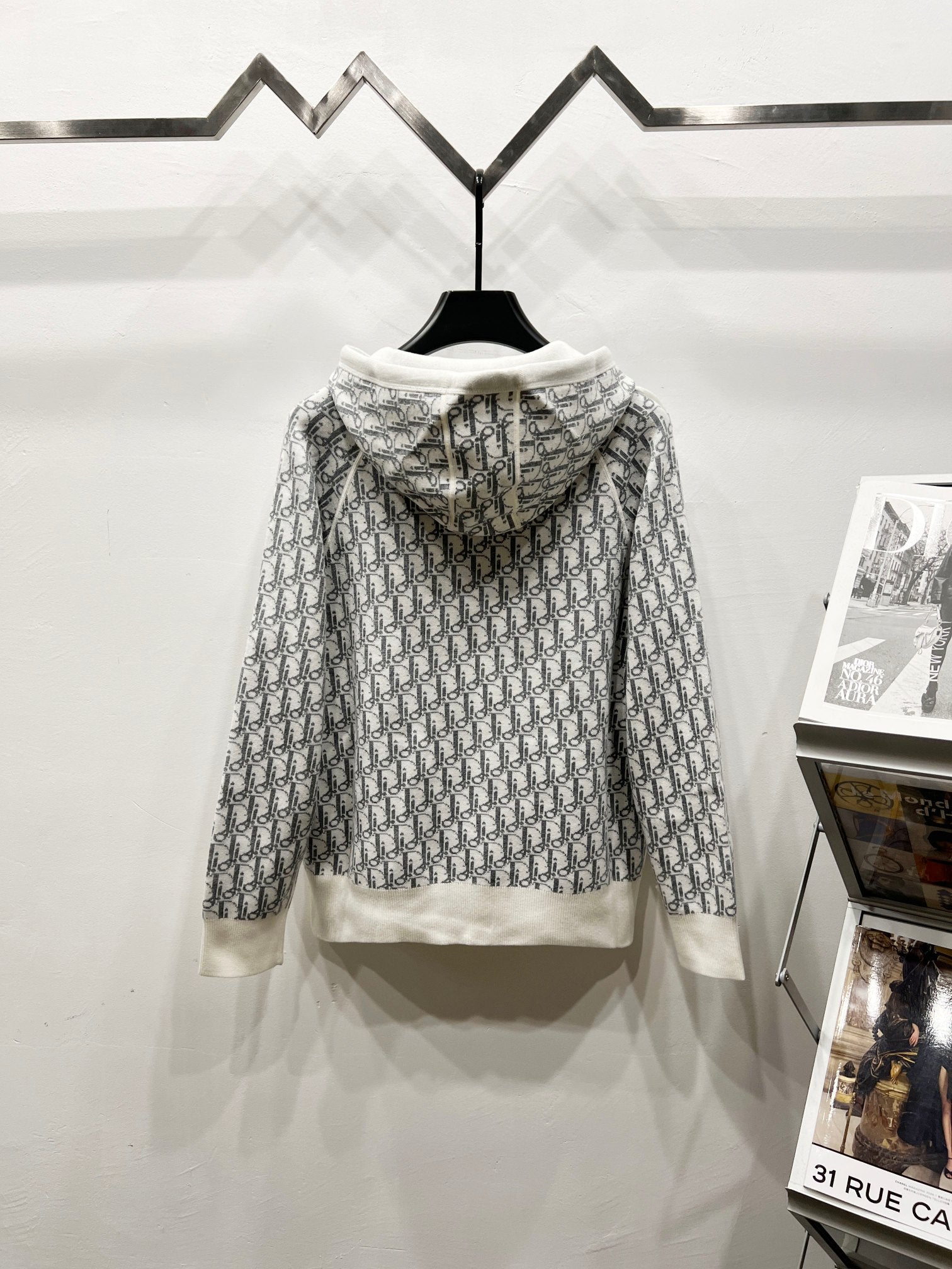 Dior long zip-up hoodie in gray-and-white monogram print, hooded back view
