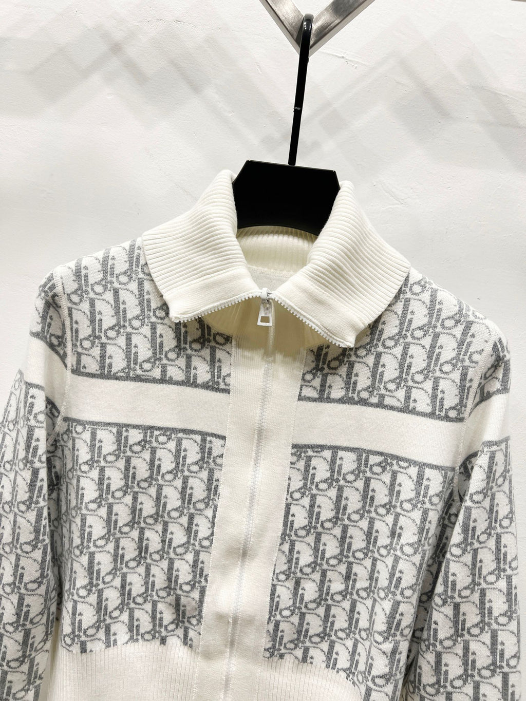 White Dior zip jacket with ribbed stand collar and monogram panel