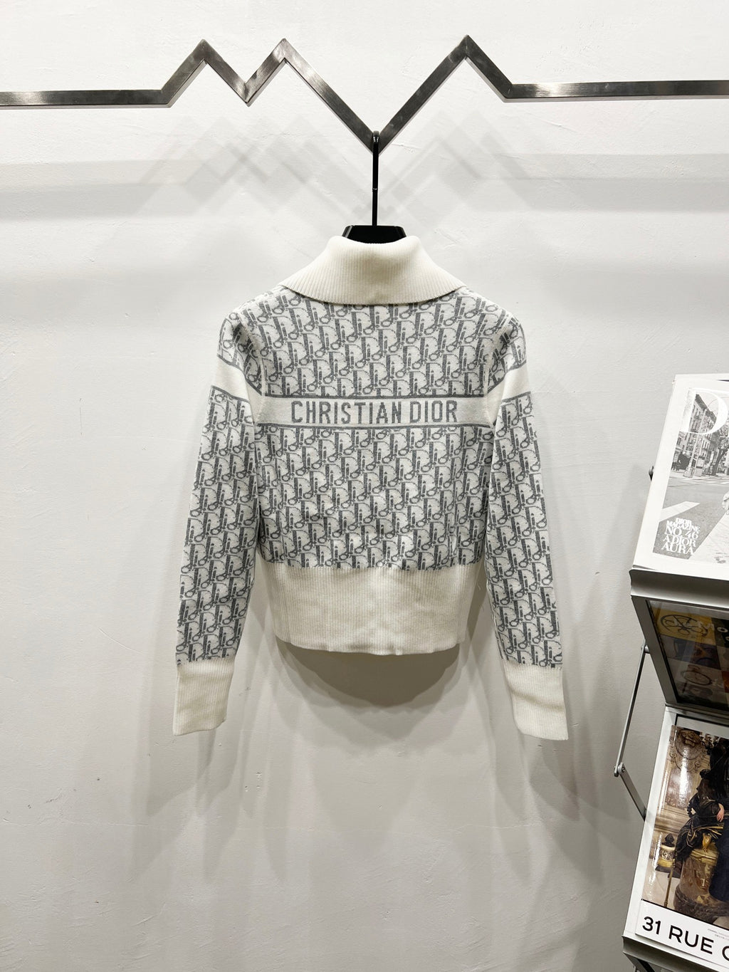 White Dior zip jacket back with stand collar and 'CHRISTIAN DIOR' stripe