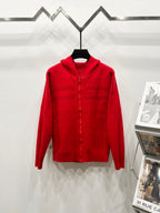 Red zip-front hooded sweatshirt, front view with full length sleeves and jacquard pattern