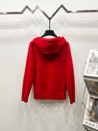 Red zip-front hooded sweatshirt, back view with hood and jacquard logo pattern