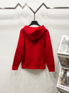 Red zip-front hooded sweatshirt, back view with repeating jacquard logo pattern