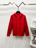 Red zip-front hooded sweatshirt, front view with repeating jacquard logo pattern