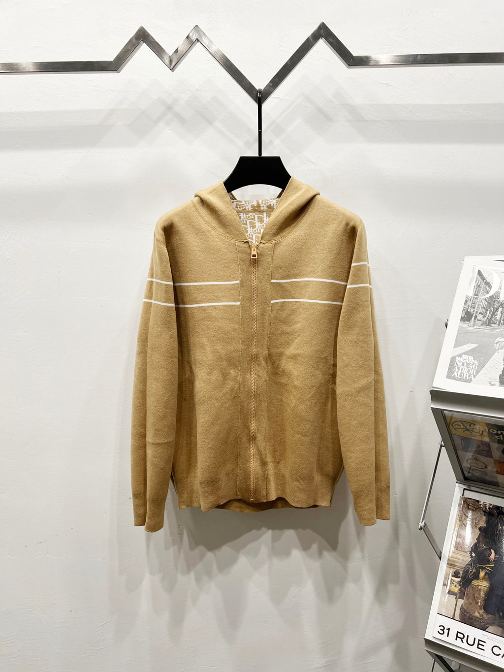 Tan hooded zip sweatshirt with Dior logo pattern and kangaroo pocket