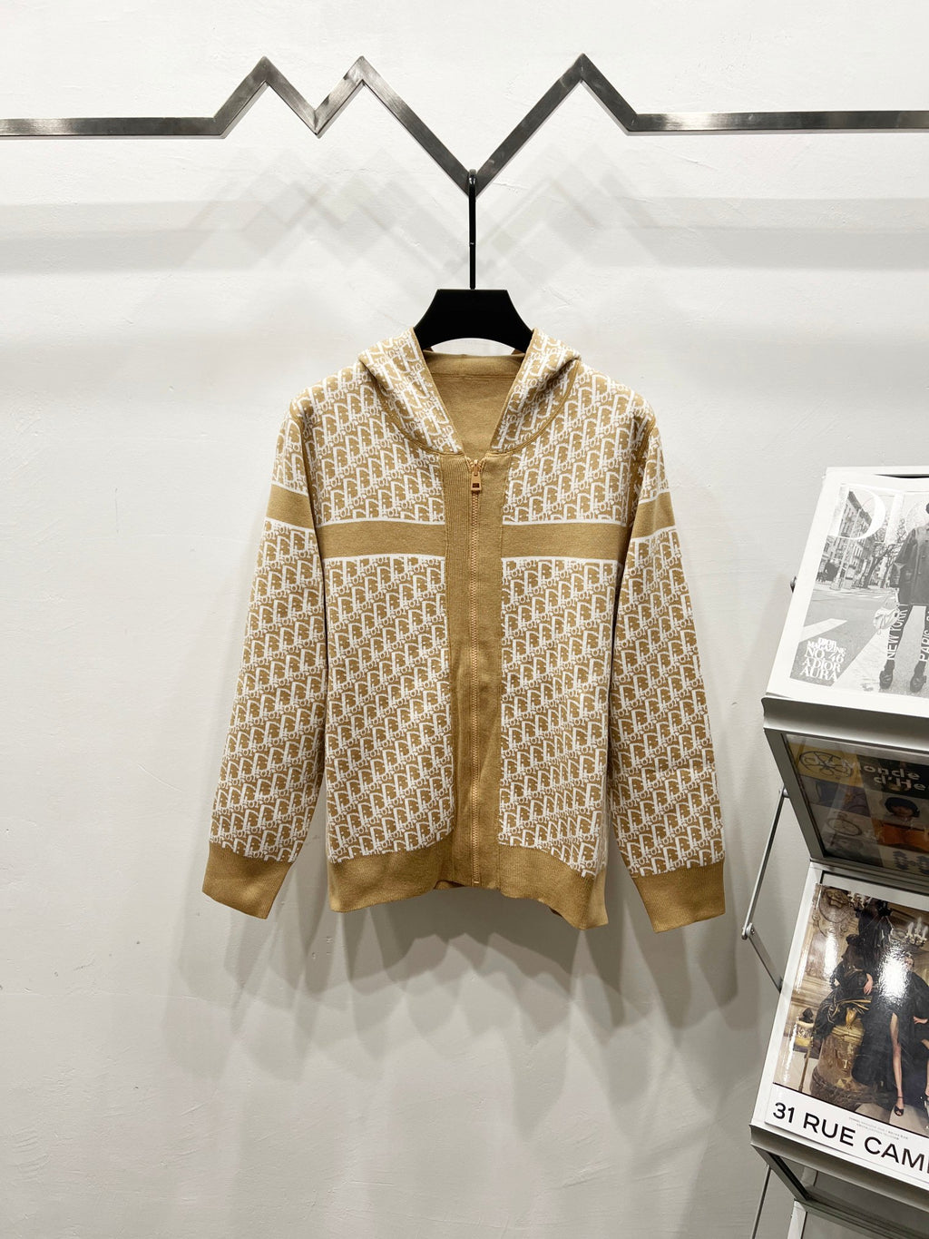 Tan hooded zip sweatshirt with allover Dior logo print and ribbed hem