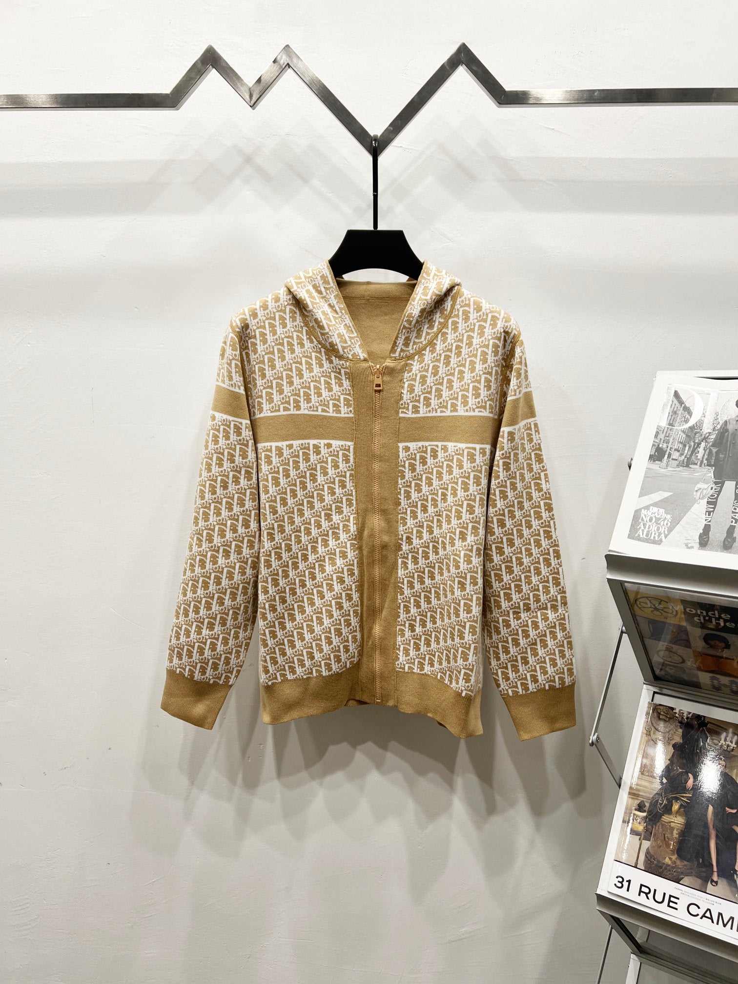 Tan hooded zip sweatshirt with allover Dior logo print and ribbed hem