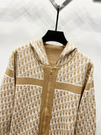 Tan Dior logo hooded zip sweatshirt front close-up with pocket
