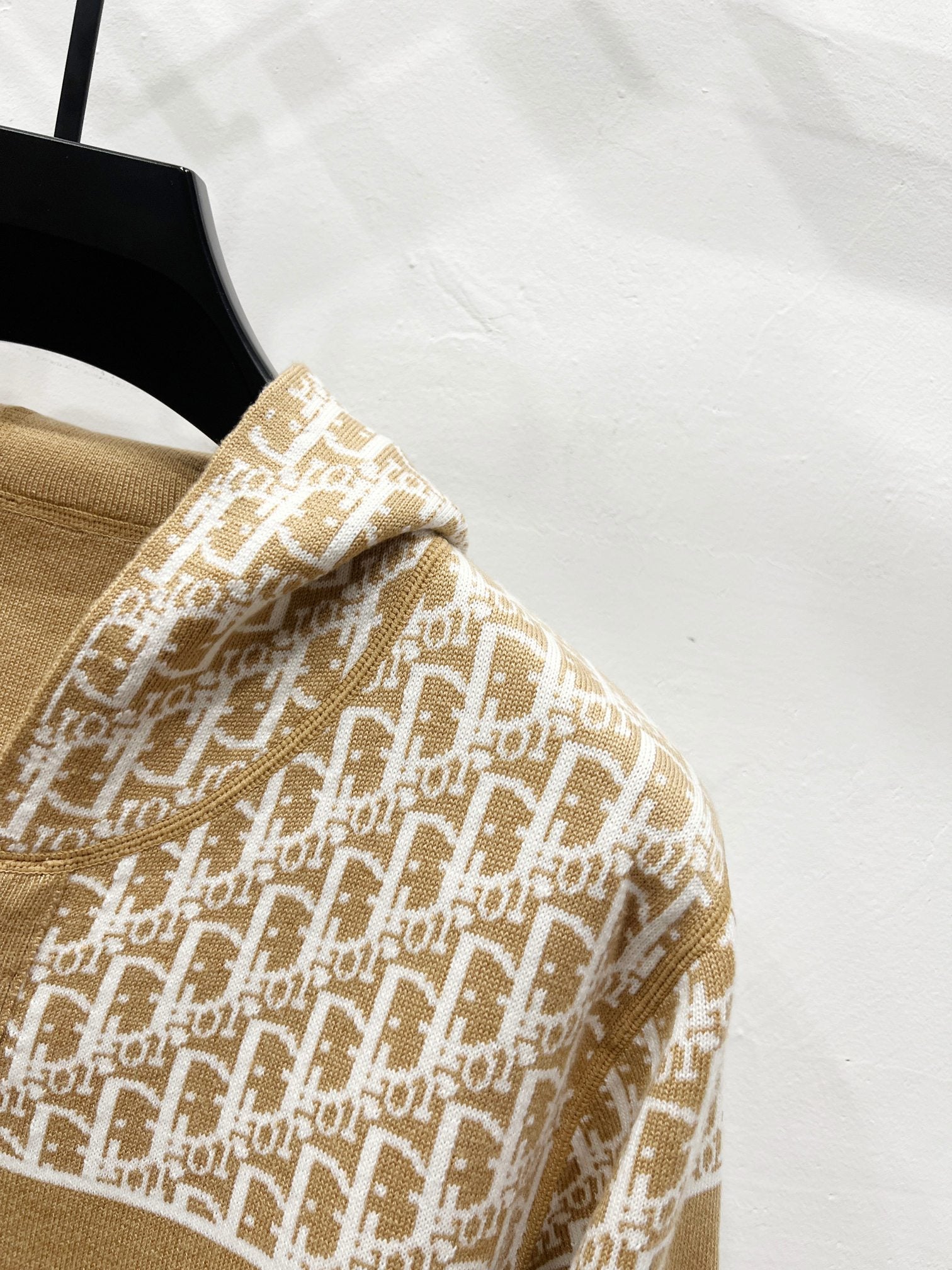 Tan Dior logo hooded zip sweatshirt shoulder and collar detail