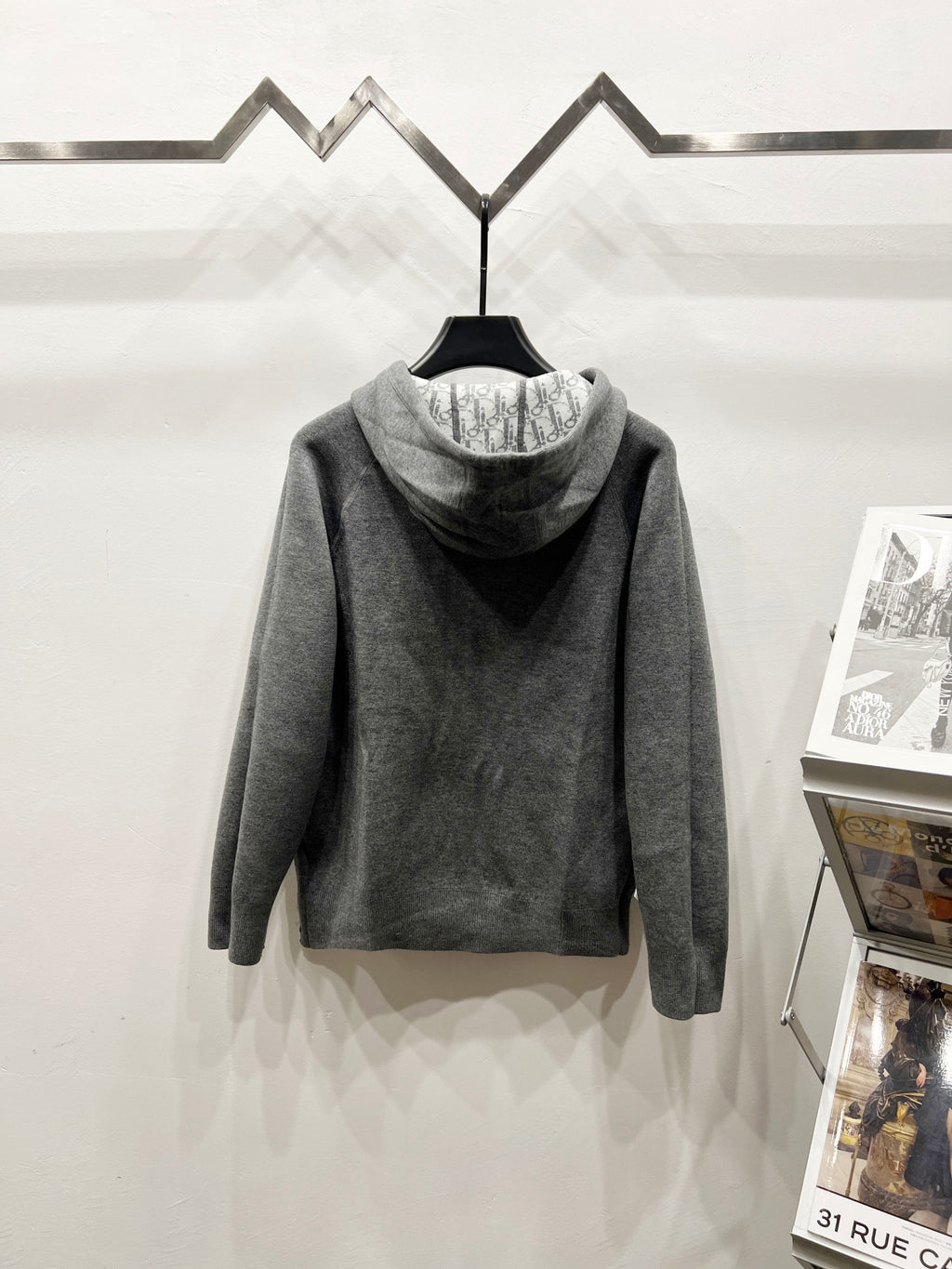 Dior hooded zip hoodie, gray, back view with drawstring hood