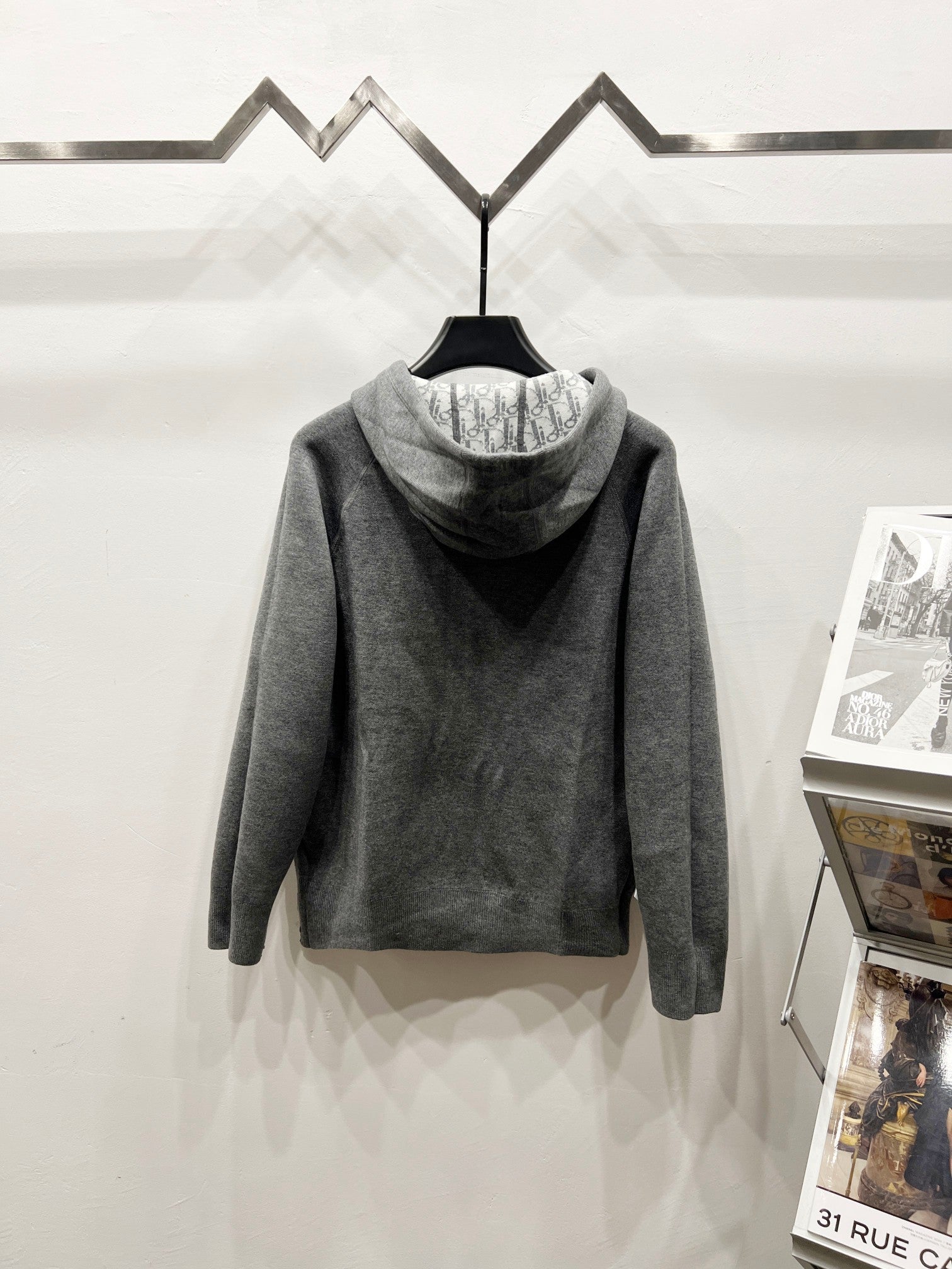 Dior hooded zip hoodie, gray, back view with drawstring hood