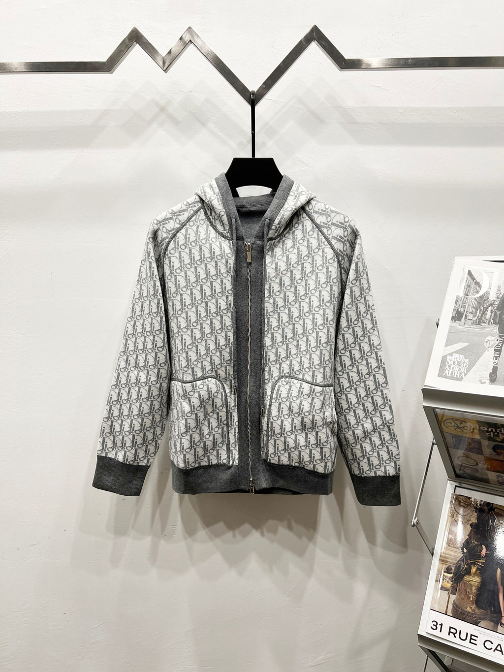 Dior monogram zip hooded jacket, light gray with dark front panels