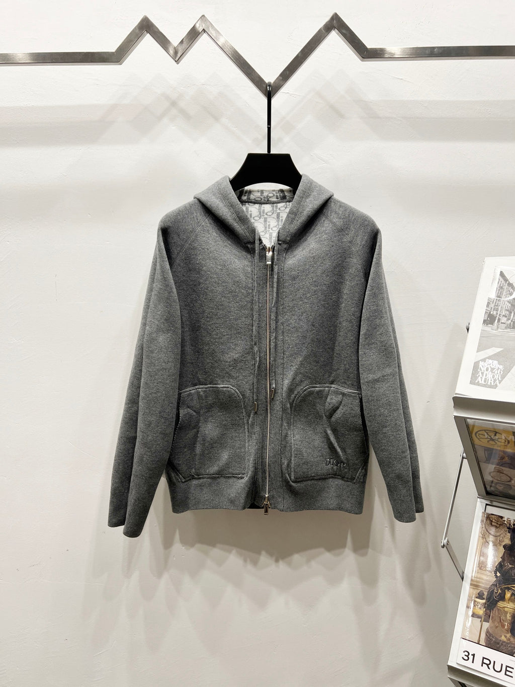 Dior long-sleeve zip hoodie with hood and front pockets, gray