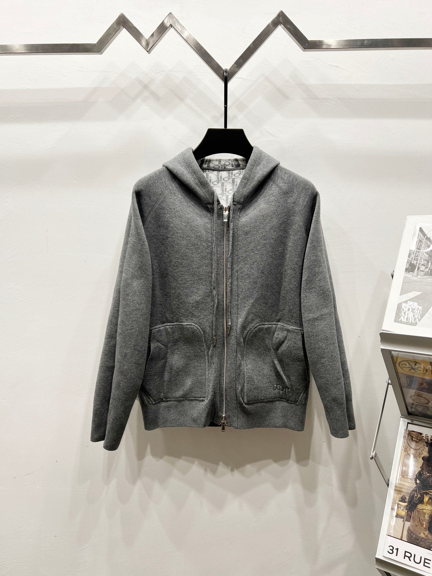 Dior long-sleeve zip hoodie with hood and front pockets, gray