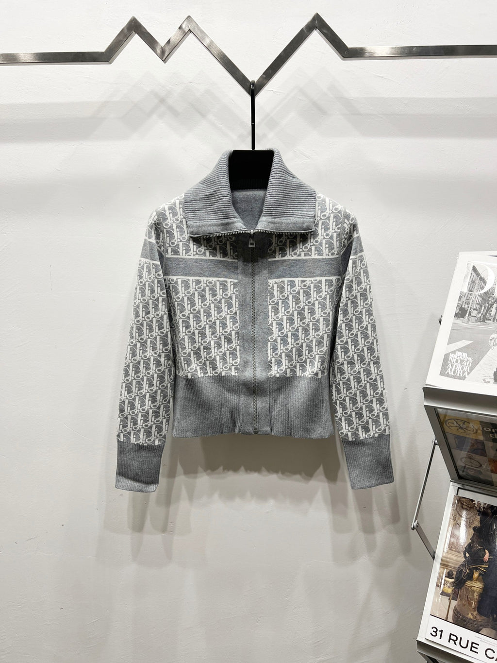 Gray long-sleeve zip sweater with gray collar and Dior monogram knit panels