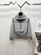 Gray long-sleeve zip sweater with gray collar and Dior monogram knit panels