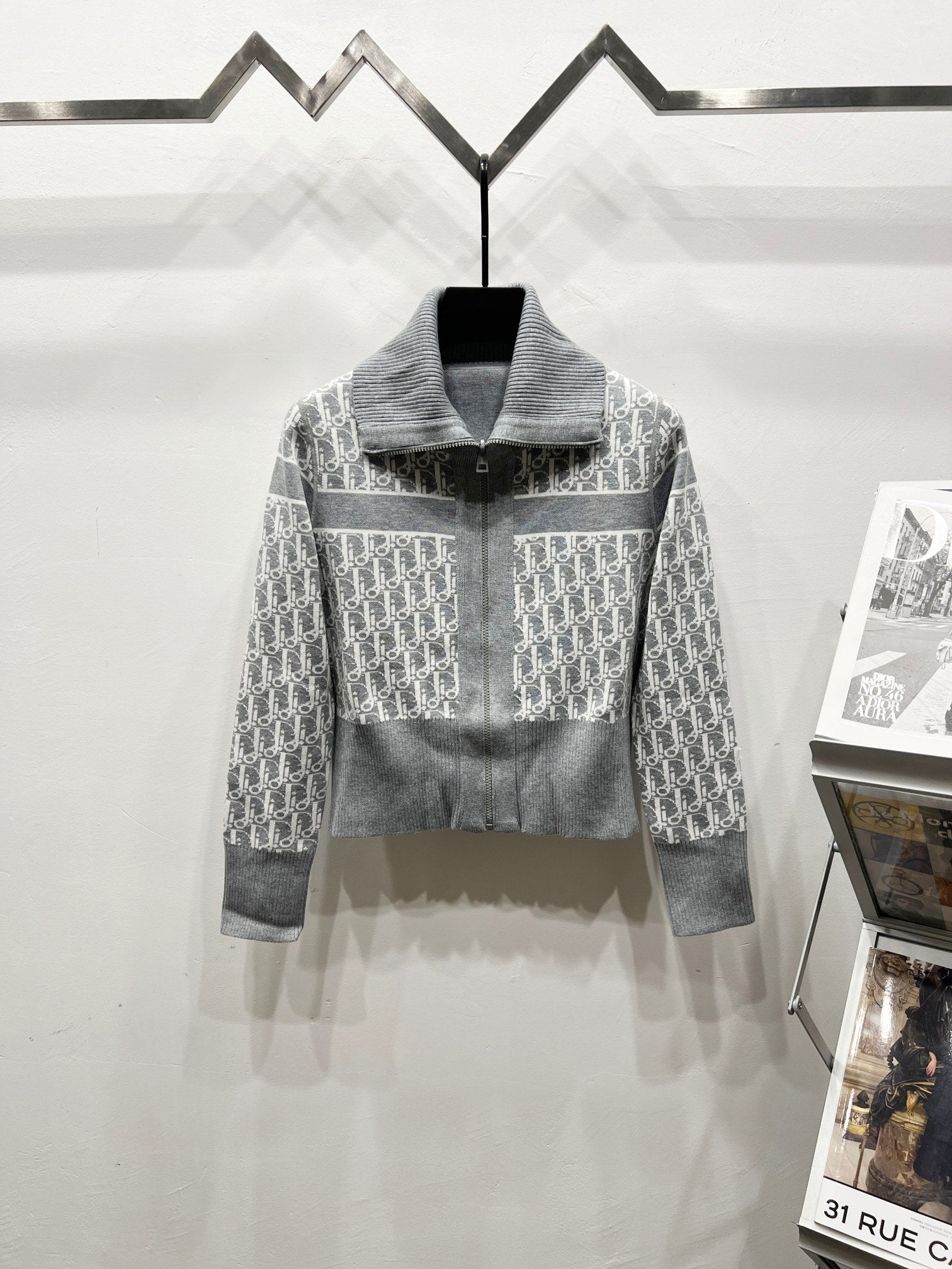 Gray long-sleeve zip sweater with gray collar and Dior monogram knit panels