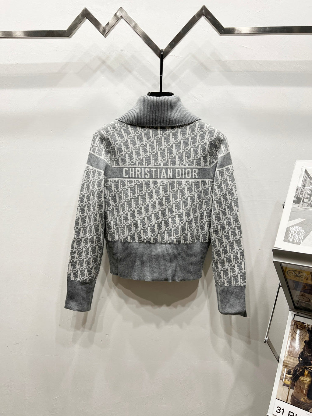Gray long-sleeve zip sweater with Dior logo patch at back and monogram sleeves
