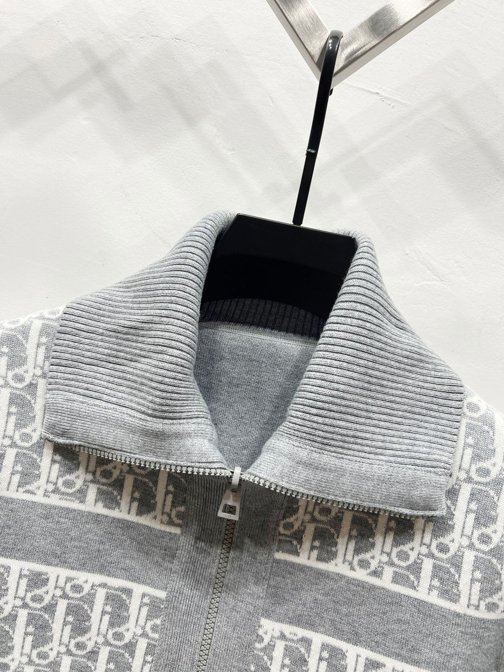 Gray knit sweater collar with zip and Dior monogram trim along the yoke