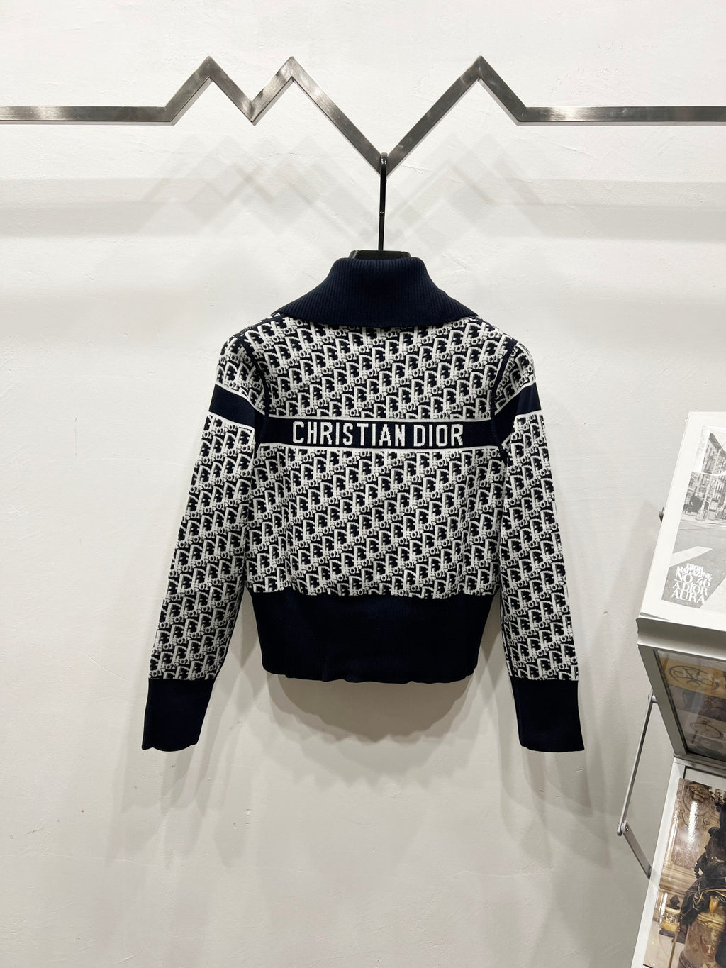 Back view long-sleeve zip jacket with stand collar, logo pattern, and CHRISTIAN DIOR text