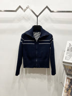 Navy long-sleeve zip jacket with stand collar and horizontal stripe details