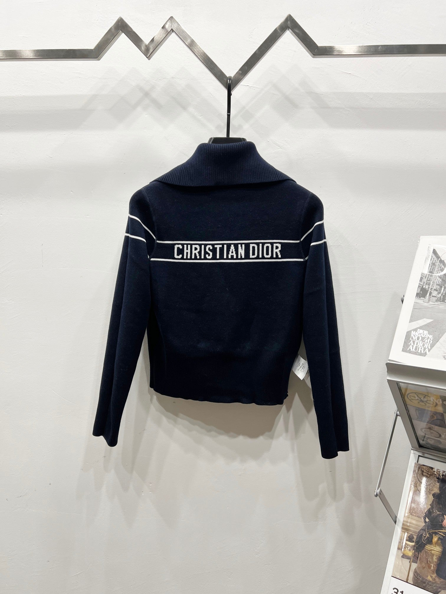 Back view navy long-sleeve zip jacket with stand collar and CHRISTIAN DIOR logo band