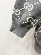 Close-up of grey hoodie sleeve cuff with GG-style monogram pattern knit hem
