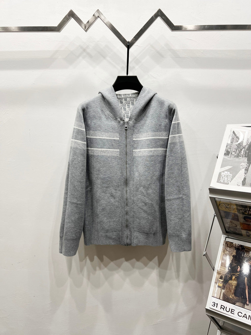 Gray hooded zip jacket with Dior allover logo pattern and contrast bands