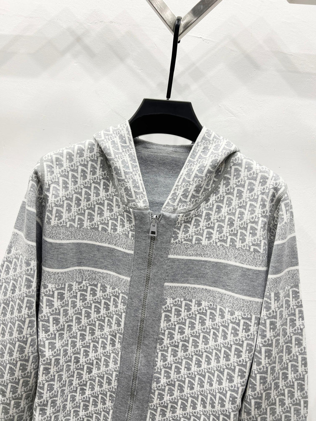 Gray hooded full-zip jacket with repeating Dior monogram pattern and stripe trim