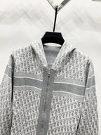 Gray hooded full-zip jacket with repeating Dior monogram pattern and stripe trim