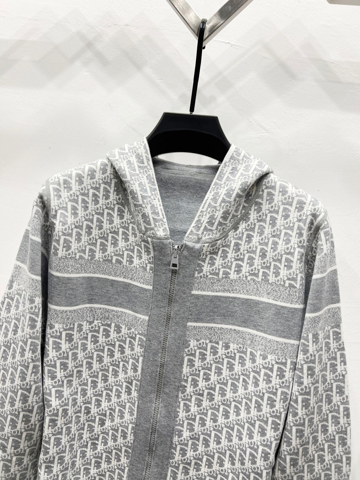 Gray hooded full-zip jacket with repeating Dior monogram pattern and stripe trim