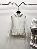 Dior long zip-up hoodie in cream, with hood, front zipper, and patch pockets