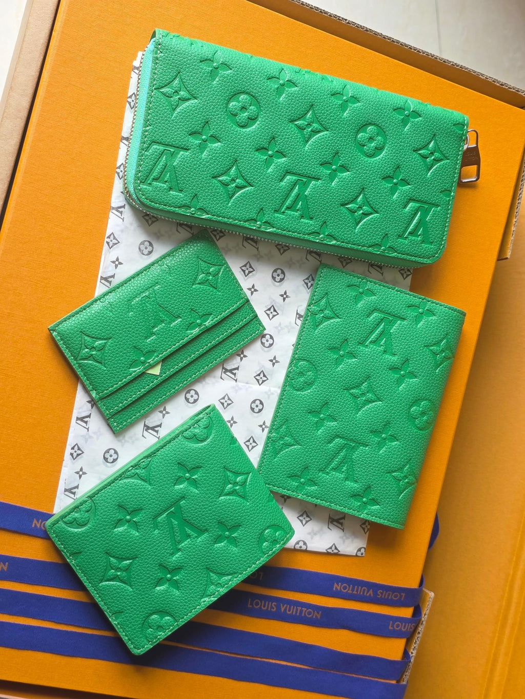 Louis Vuitton green embossed mini bag set with matching card holders and flaps