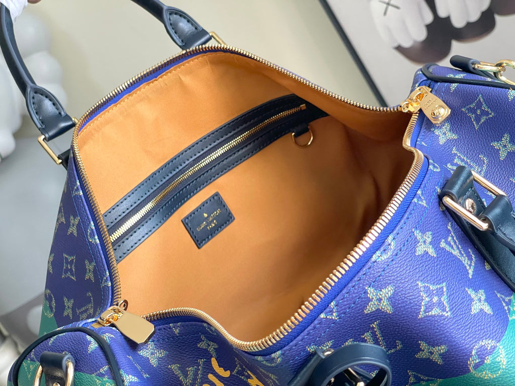 Louis Vuitton duffel bag interior with tan lining and zip pocket