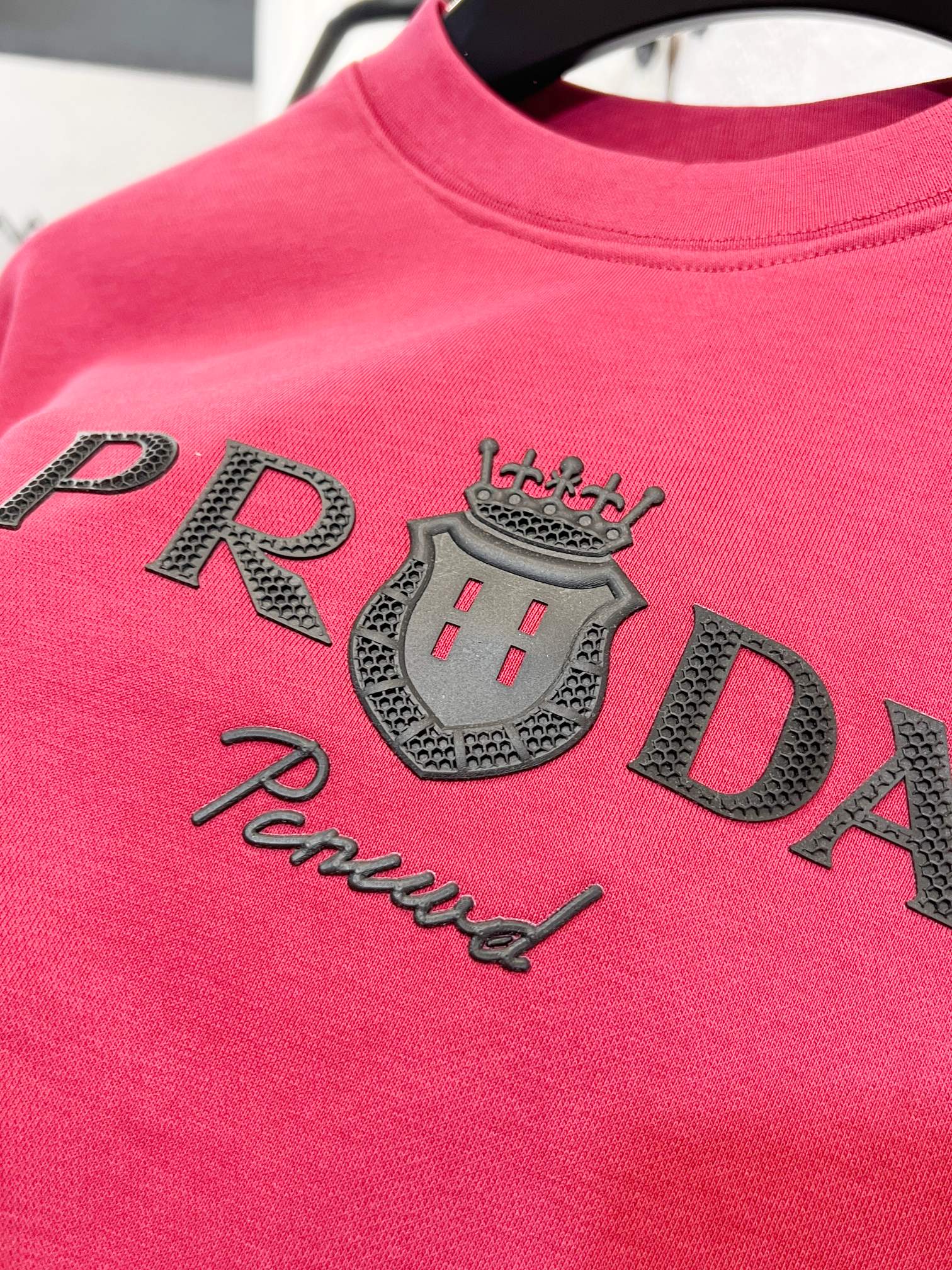 Pink sweatshirt with large embroidered PRADA crown and Prada script logo