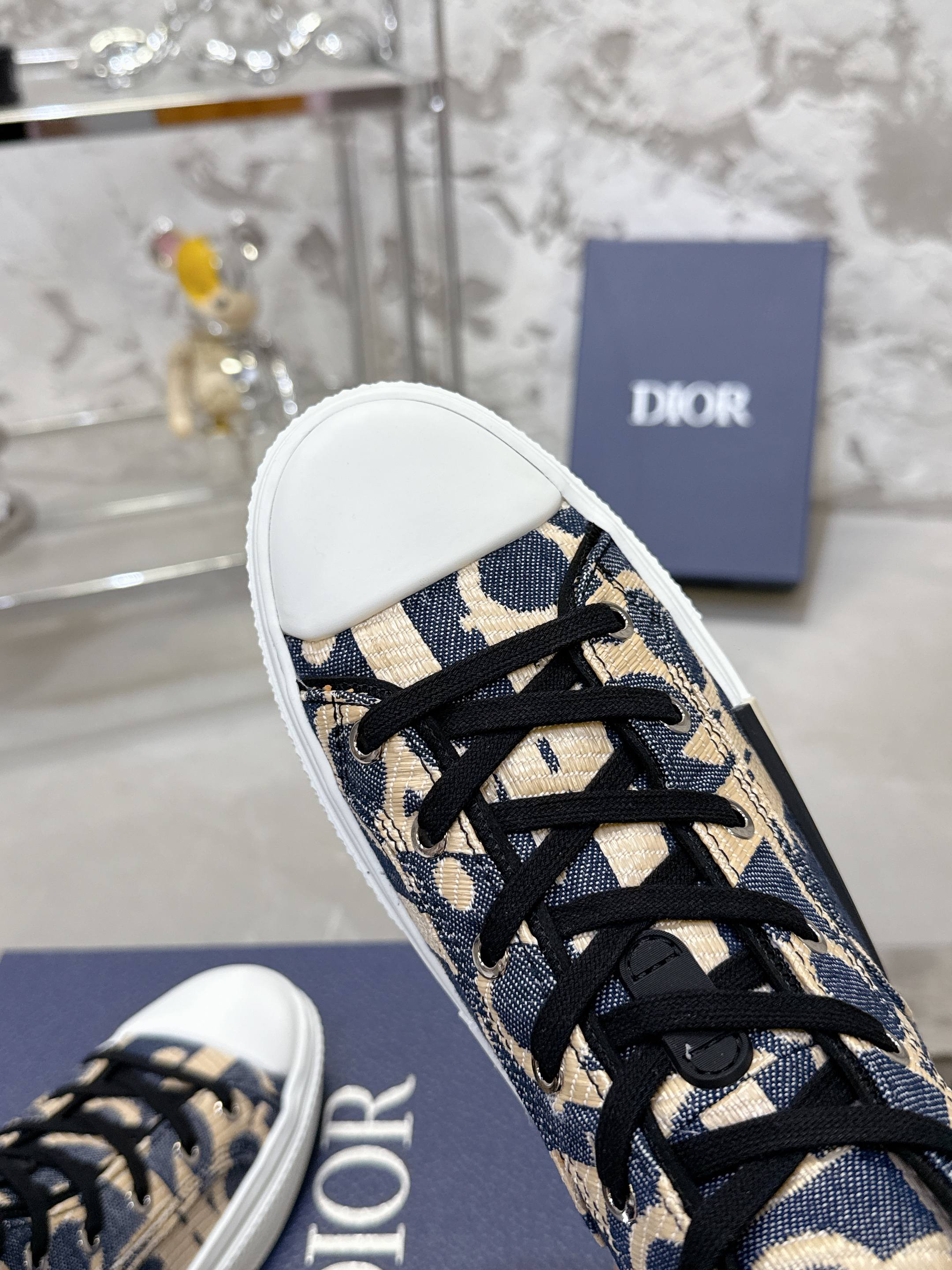 Dior unisex high-top sneaker close-up of toe and laces, blue and beige