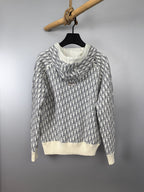 Monogram zip-up hoodie in white with ribbed hem and cuffs, front zipper