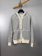 Zip-up hoodie jacket in white with all-over monogram pattern, ribbed cuffs and hem