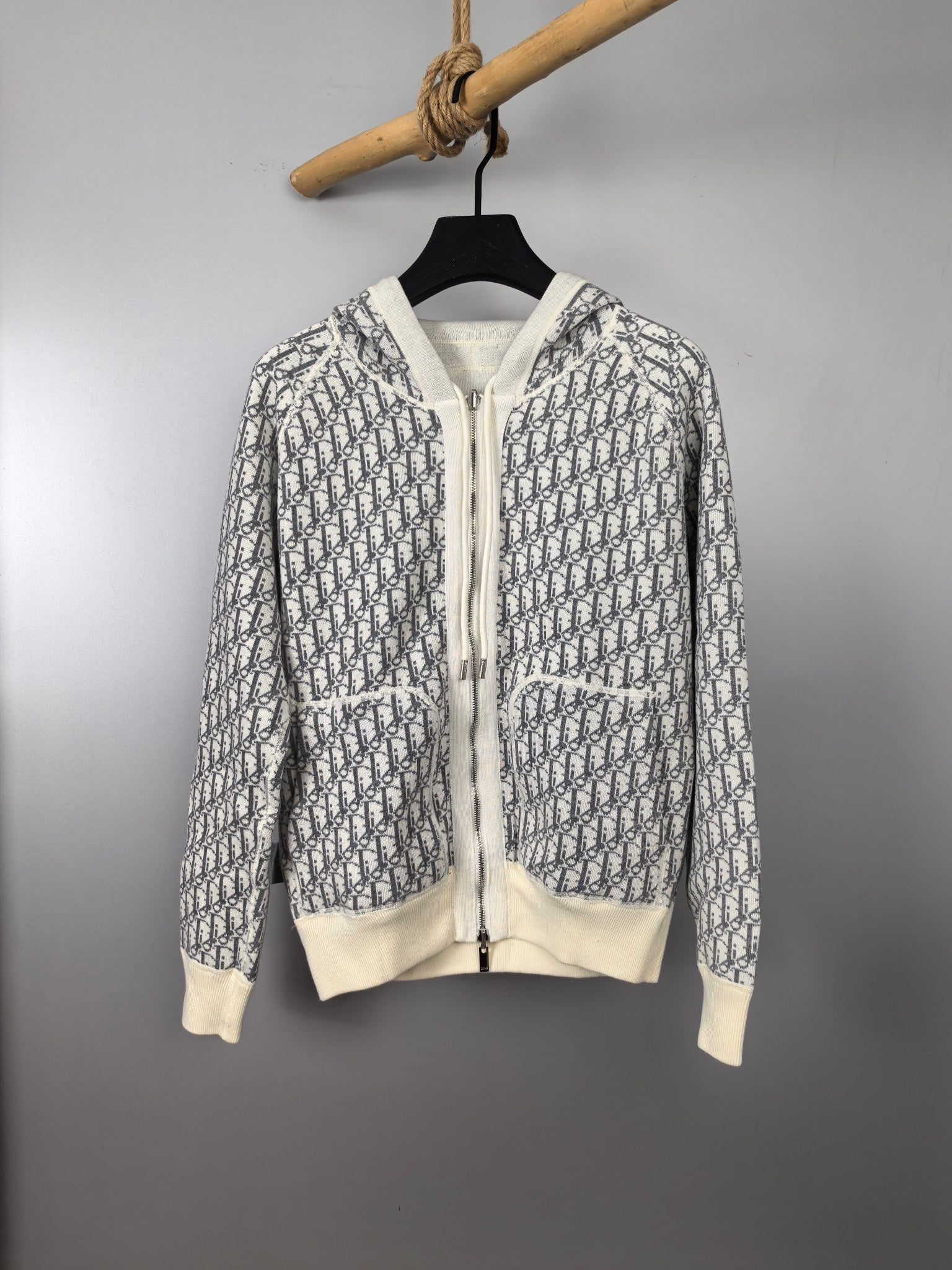 Zip-up hoodie jacket in white with all-over monogram pattern, ribbed cuffs and hem