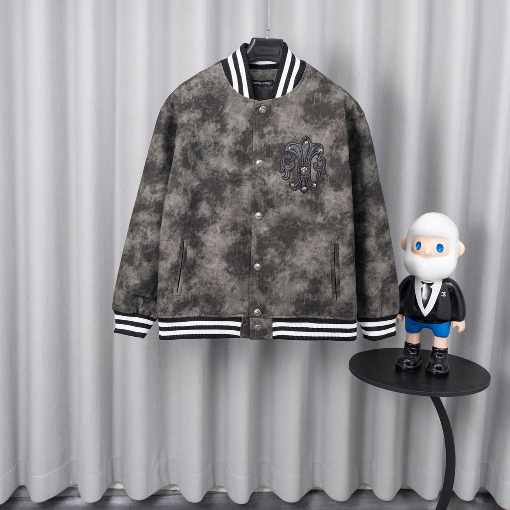 Long-sleeve jacket in dark gray with button front and black-and-white striped cuffs